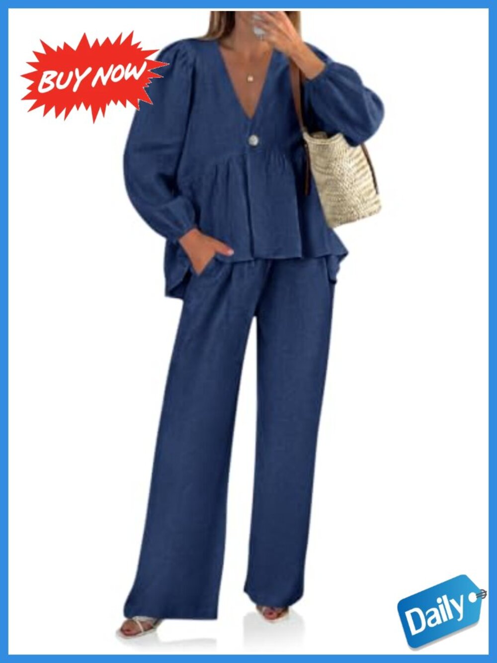 Womens 2 Piece Cotton Linen Set Puff Sleeve Babydoll Top Wide Leg Pants